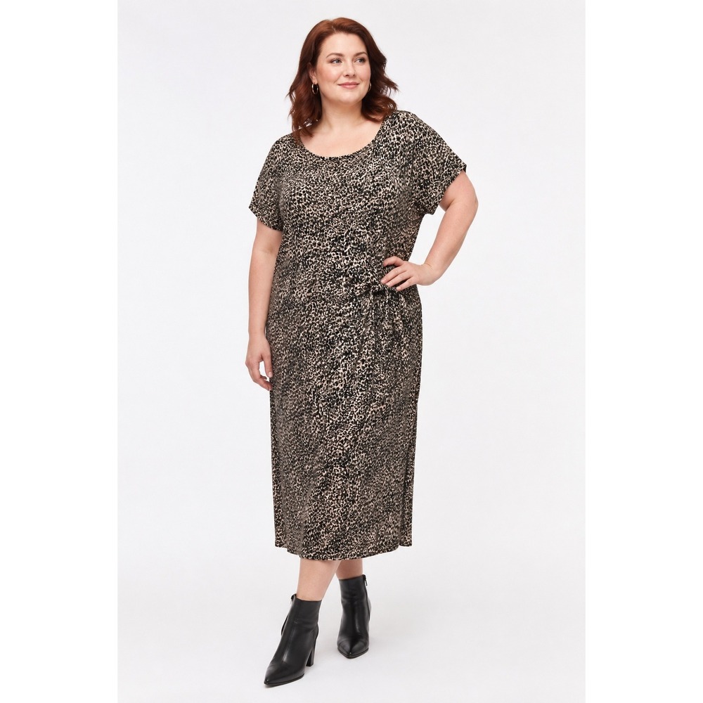 Leopard Animal Print Midi Dress 16 18 Side Tie Dolman Sleeve Chico's Mob Wife